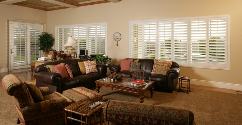 Sacramento family room with polywood shutters.